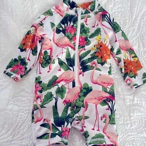 Janie & Jack Full Body Swimsuit - Adorable Flamingo/Floral Print - Sz. 6-12 mos